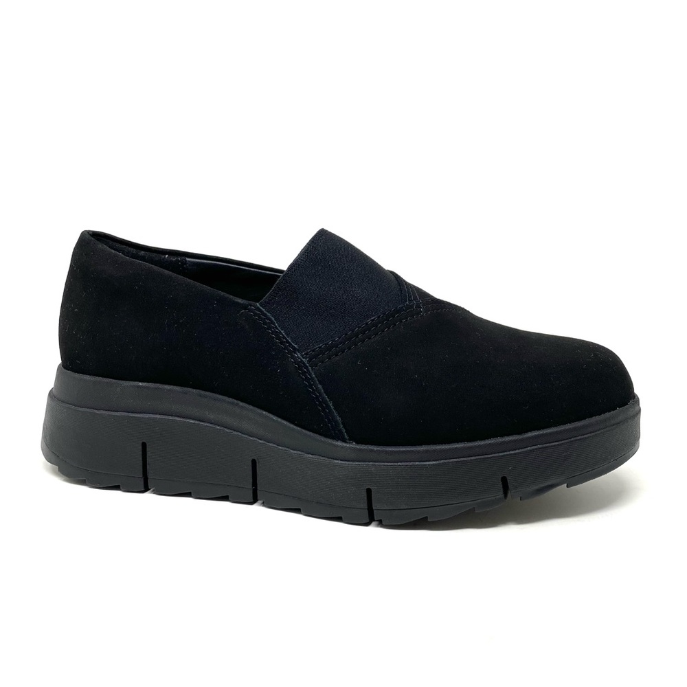 Clarks Loriini West Slip-On Wedge Shoes Black Nubuck Comfort NIB